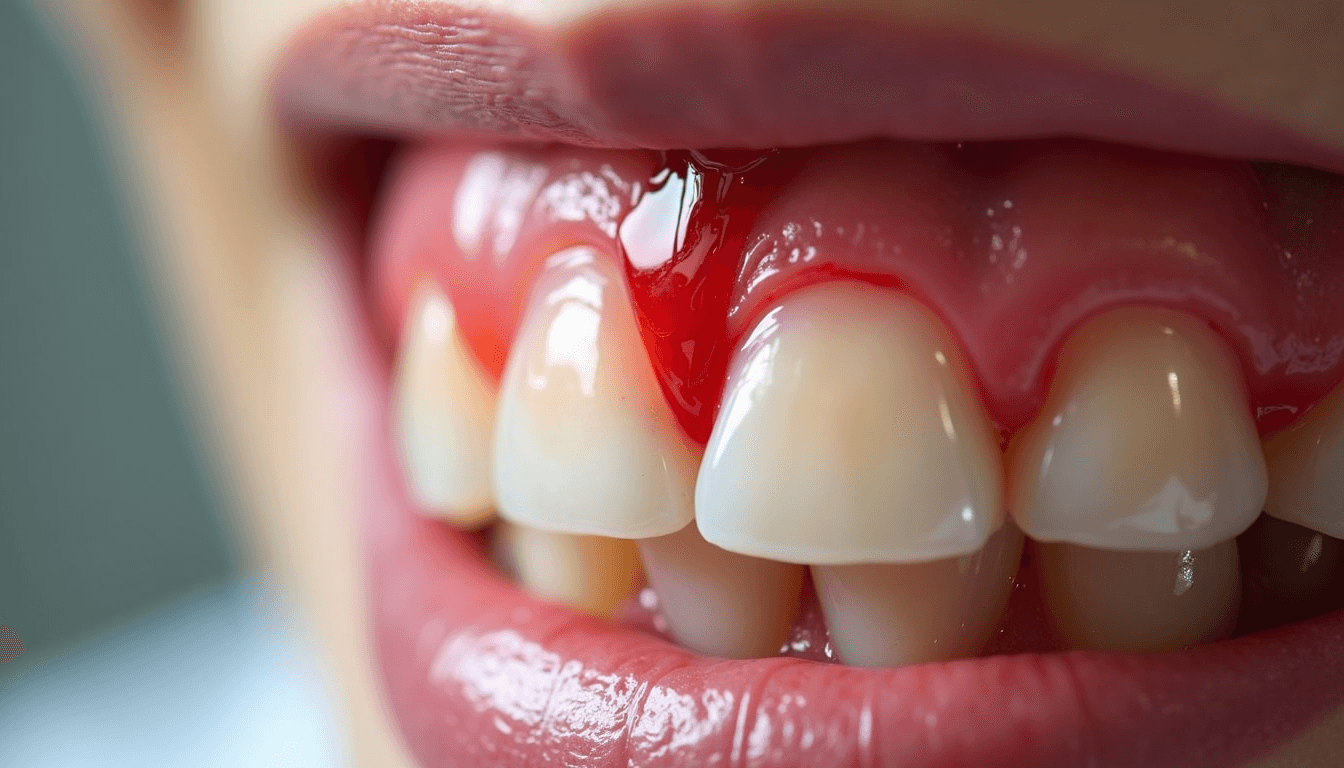 Close-up view of inflamed gums showing signs of gum disease