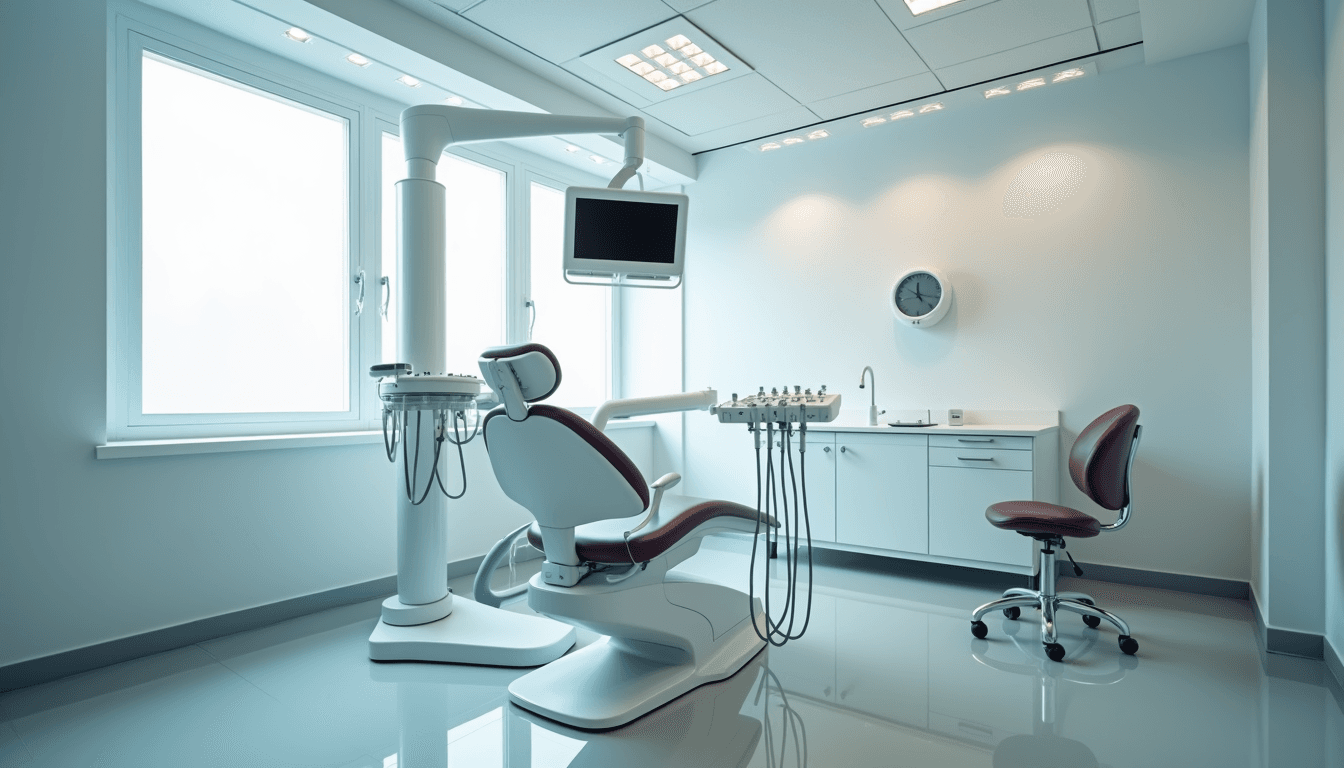 Eye-level view of a modern dental office with digital X-ray equipment