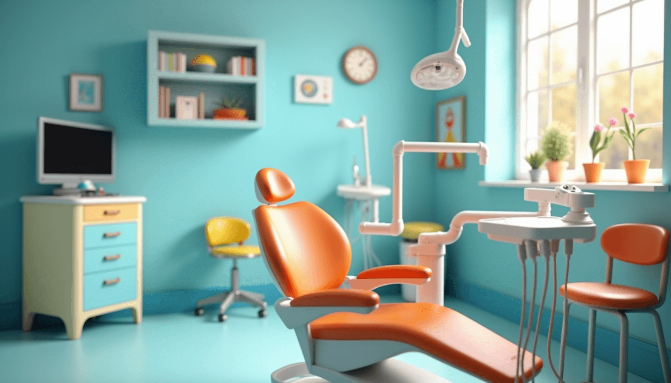 Eye-level view of a colorful pediatric dental office with a child-friendly chair and dental tools