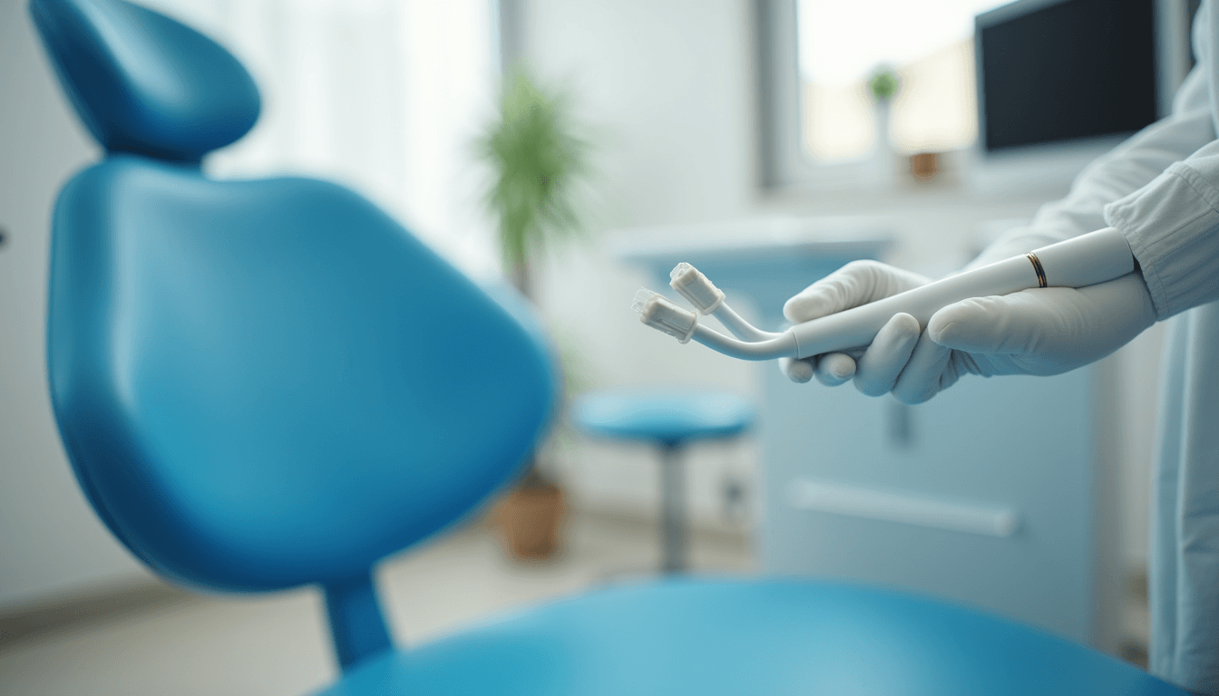Close-up view of a dental chair with professional teeth whitening equipment